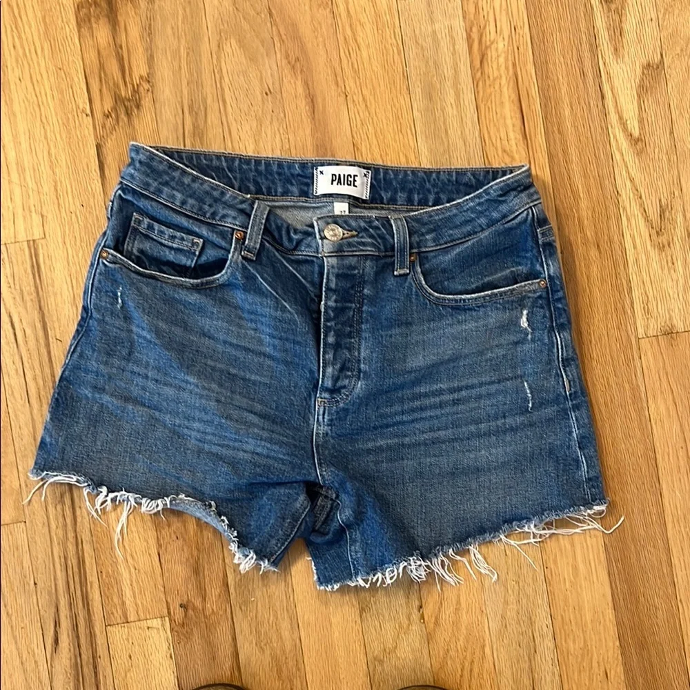 PAIGE High-Rise Noella Frayed Hem Denim Shorts - Blue - Picture 2 of 4